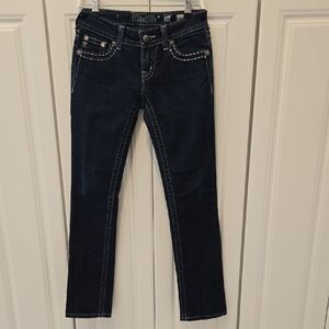 Miss Me Dark Blue Straight Leg Jeans with White Contrast Stitching